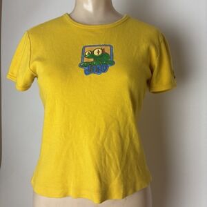 VTG JNCO Jeans Baby Tee Shirt Womens L Yellow Cartoon Frog Graphic Festival USA